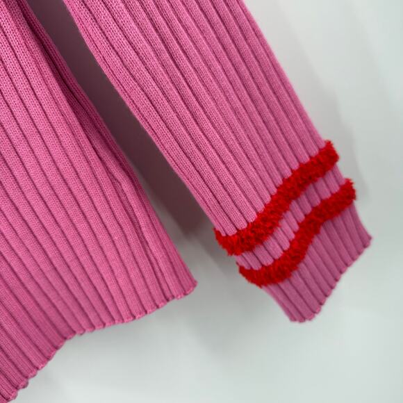 English Factory Sweater Women's Size Large Rib Ruffle Edge Pink Red Fuzzy Cuffs - Picture 6 of 10